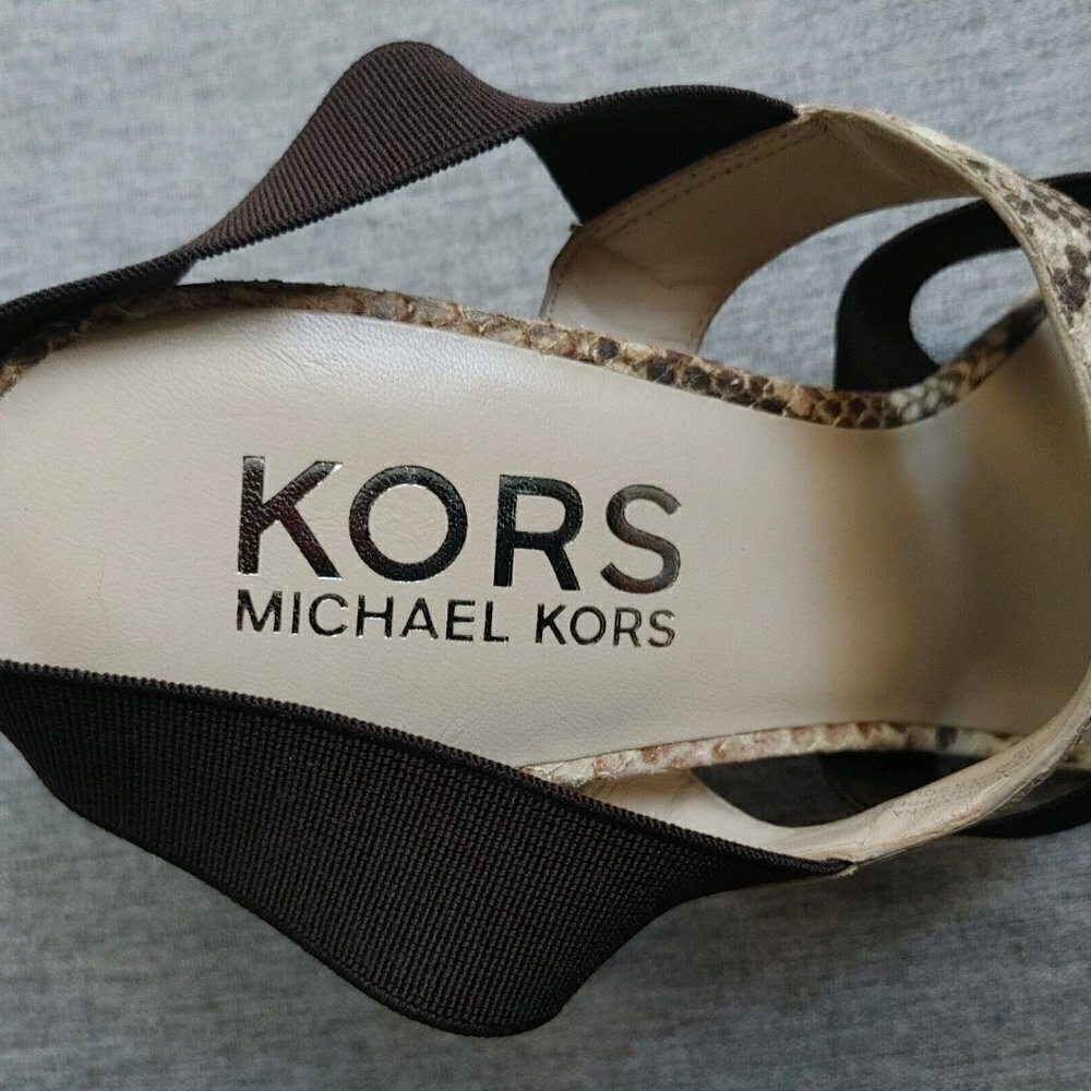 Michael Kors Brown and Tan Leather Snakeskin Print Open Toe Strappy Heels Size 9 - Picture 5 of 10